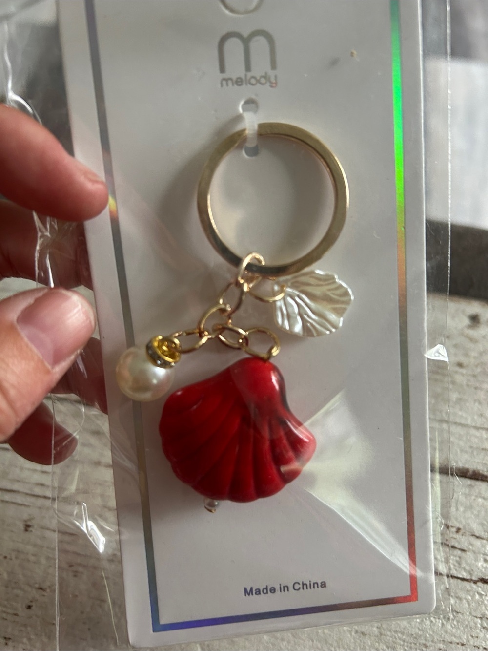 🔥$2 Melody Red Shell Keychain with Pearl Charm